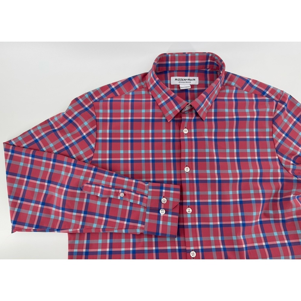 Mizzen + Main Performance LS Button Front Shirt Plaid Trim Fit Men's‎ L